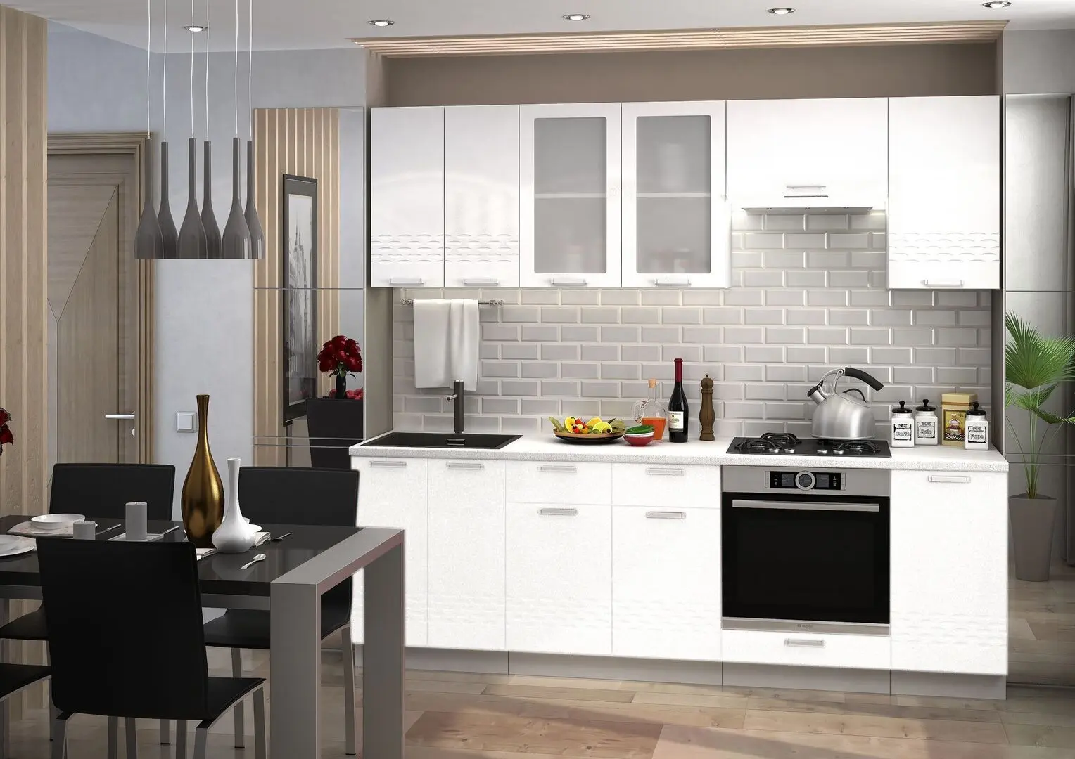 Кухня Стендмебель Глория 2.4м (Белый/Белый Металлик)