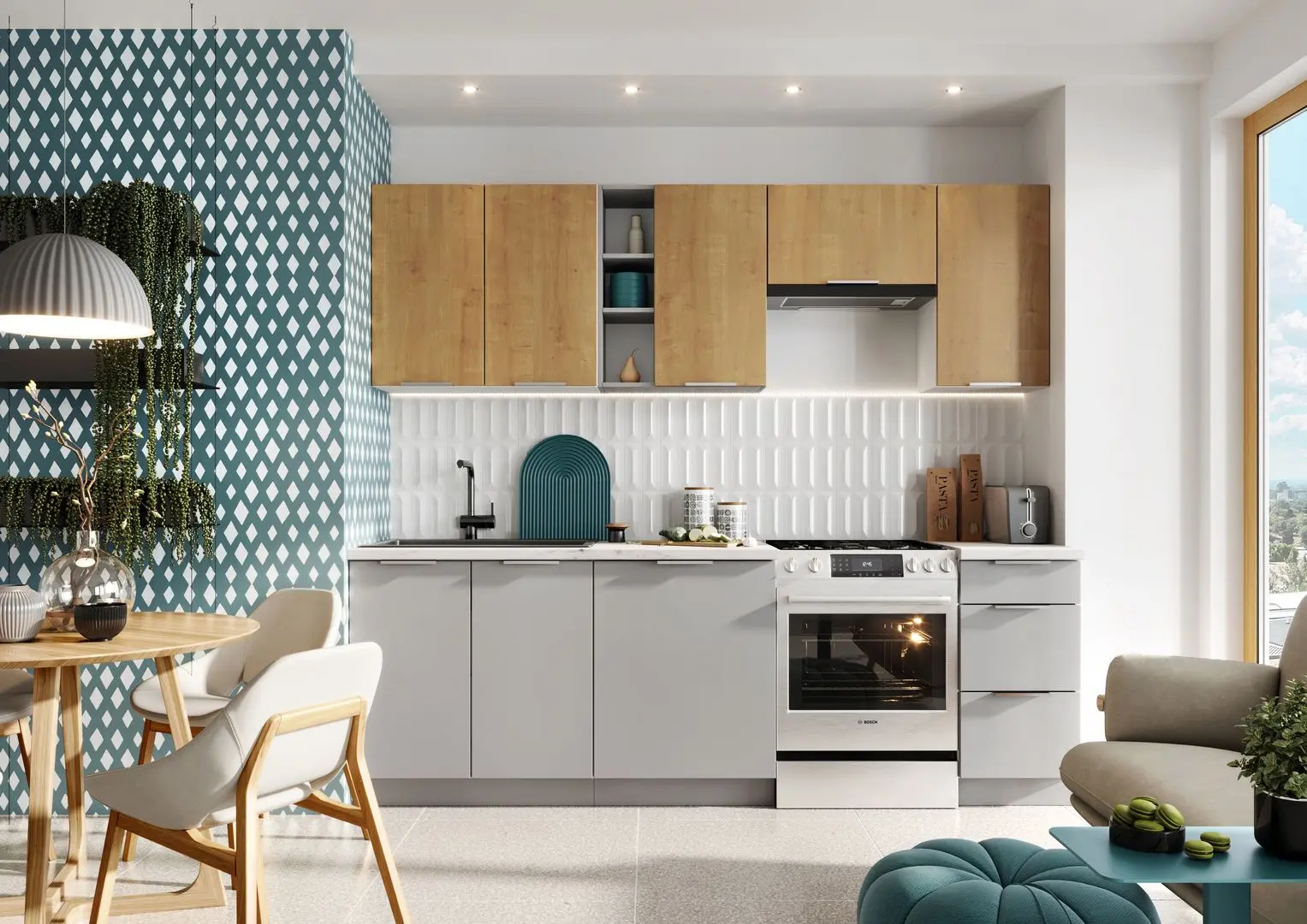 Bucatarie Stolkar Classic Line Emma 1.8/2.4m (Burlington Oak/Platinum Gray)