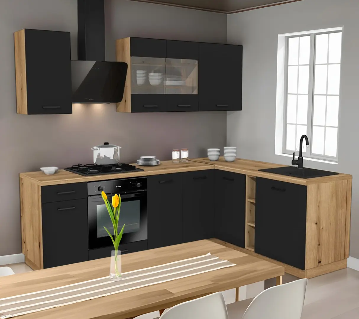 Bucatarie TopEshop Vario Z3 240x180 (Black/Evoke Oak)