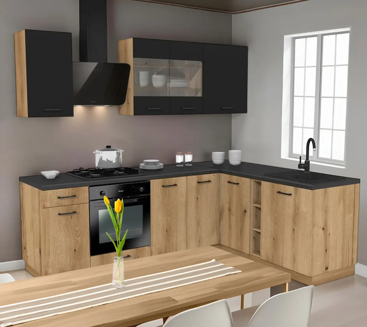 Bucatarie TopEshop Vario Z4 240x180 (Black/Evoke Oak)