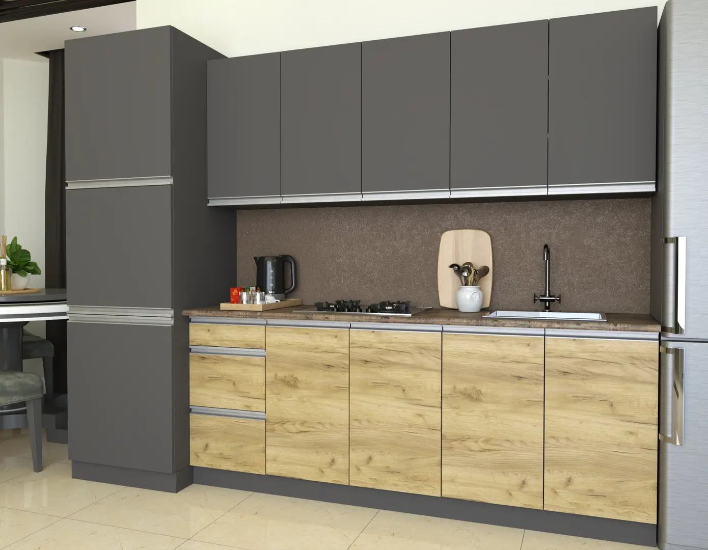 Bucatarie Yasen Madera 2.6m (Graphite Grey/Gold Craft Oak)