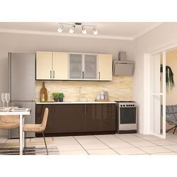 Bucatarie modulara Yasen Francheska 2.0m Dreapta (Nut/Beige Gloss/Chocolate Gloss)