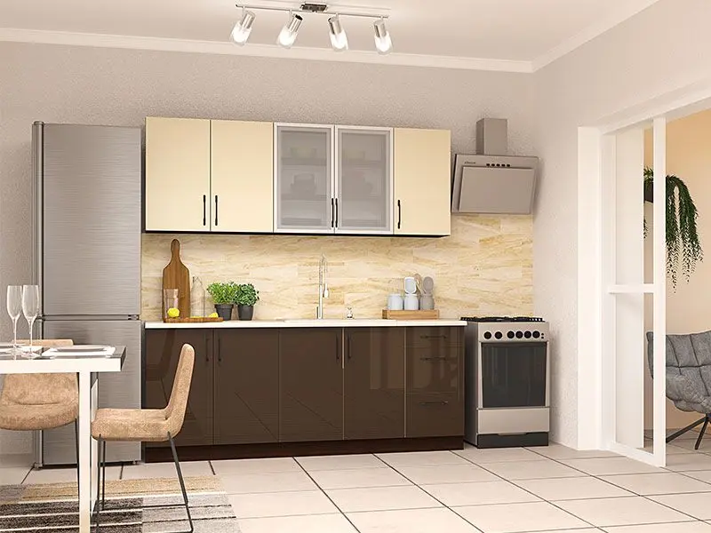 Bucatarie modulara Yasen Francheska 2.0m Dreapta (Nut/Beige Gloss/Chocolate Gloss)