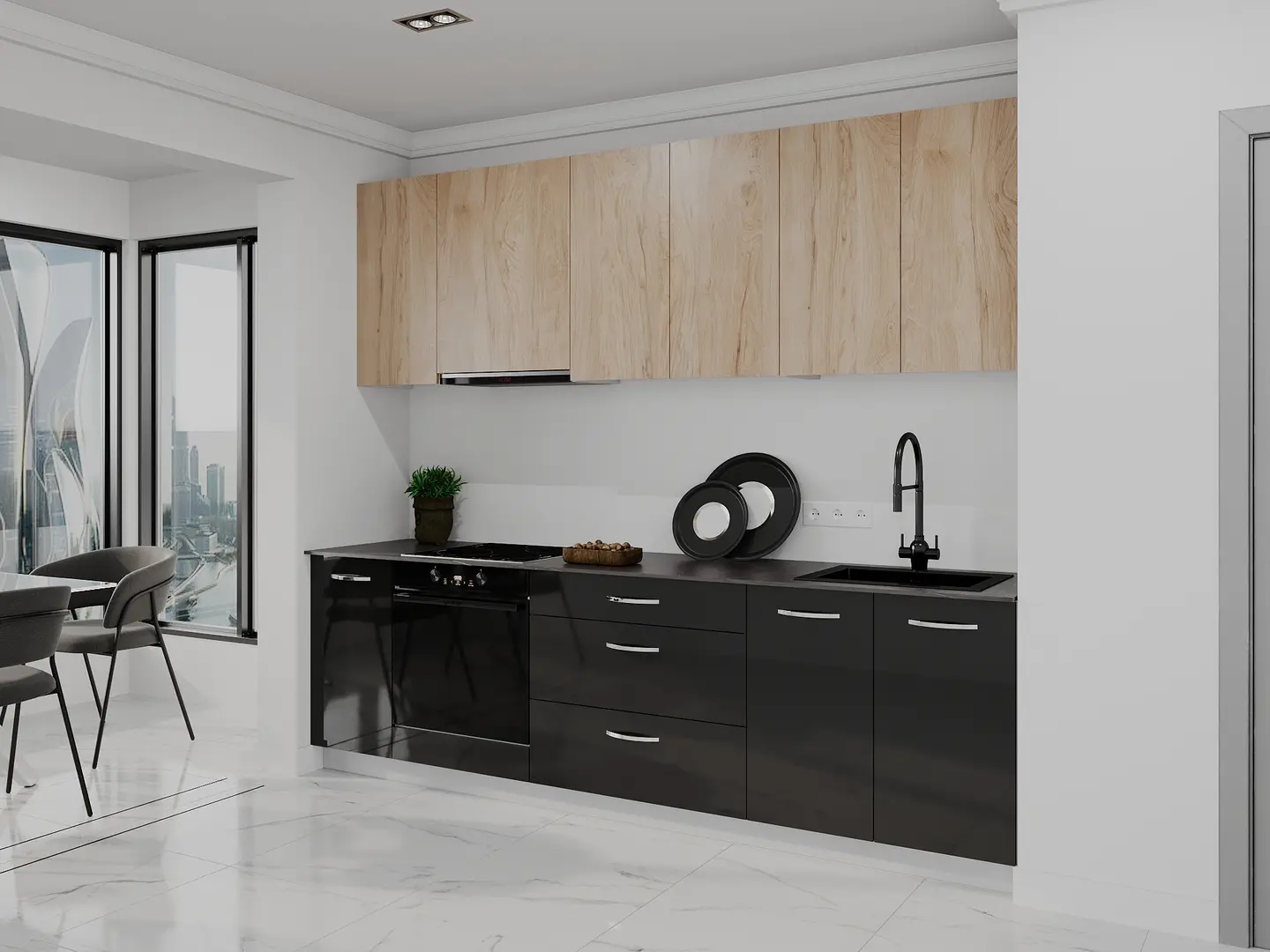 Bucatarie modulara Bayro Spring 12 2.6m (Rockford Hickory/Anthracite Gloss)