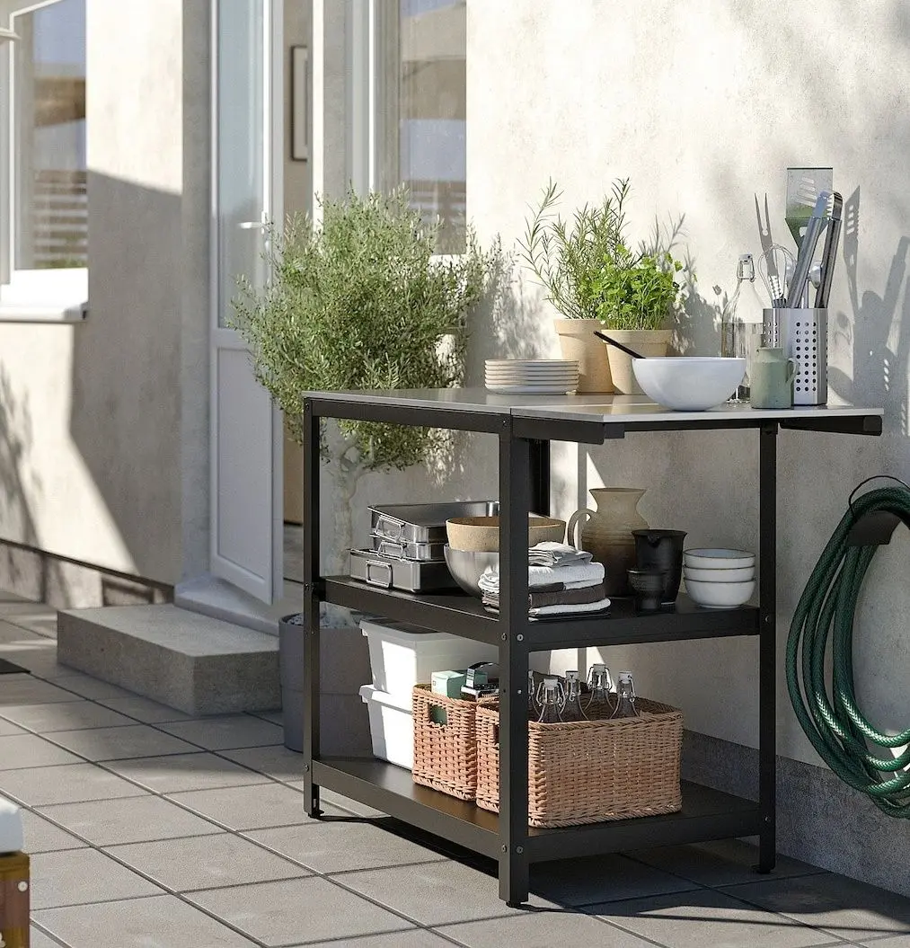 Кухонный островок Ikea Grillskar стол 93/116x61 (Черный/Нержавеющая сталь)