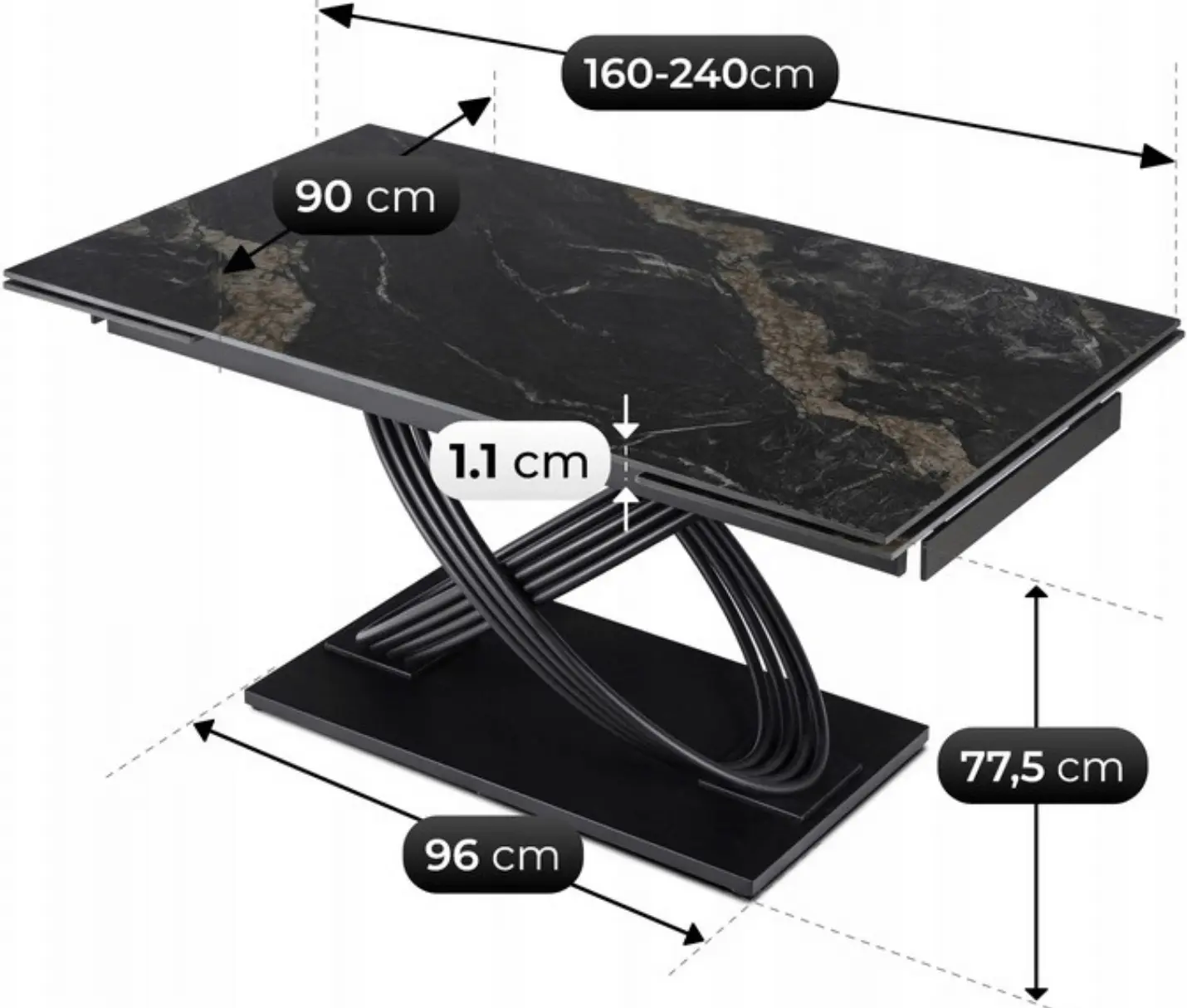 Стол раскладной Mebel Elite Ibiza 160/240 (Black Marble/Black) - 7