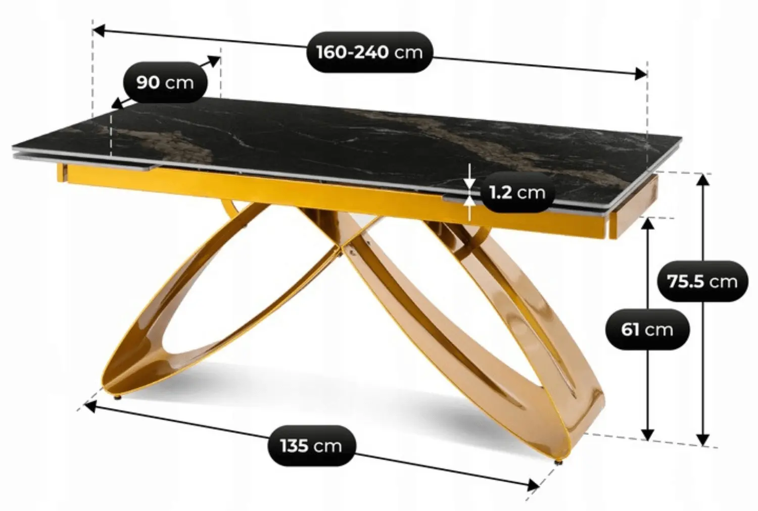 Стол раскладной Mebel Elite Luigi 160/240 (Black-Gold Marble/Gold)