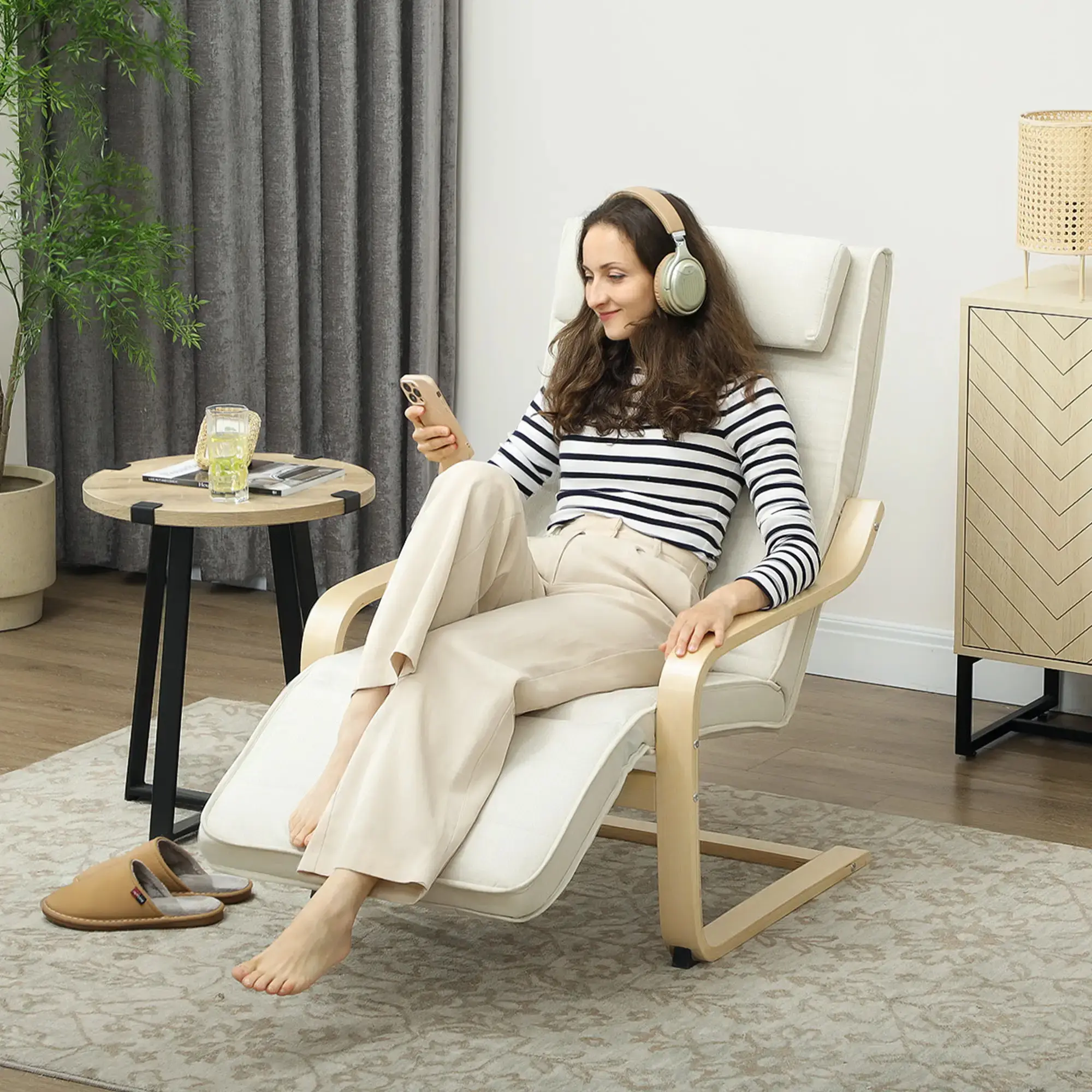 Fotoliu-recliner Homcom 83B-350V90CW (Cream/Natural Wood) - 4