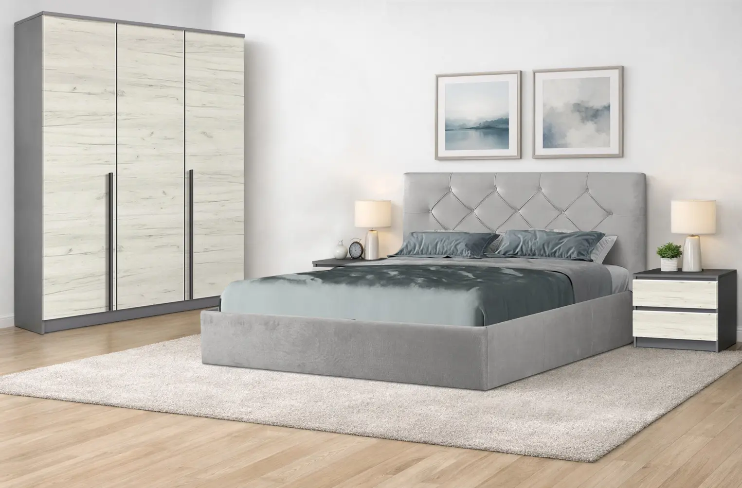 Спальня Modern Aura Alaska 08 ламельное основание 160x200 Gray + Kenon 150cm Slate Gray/Craft Oak White + Komfi 48cm 2 pcs Slate Gray/Craft Oak White
