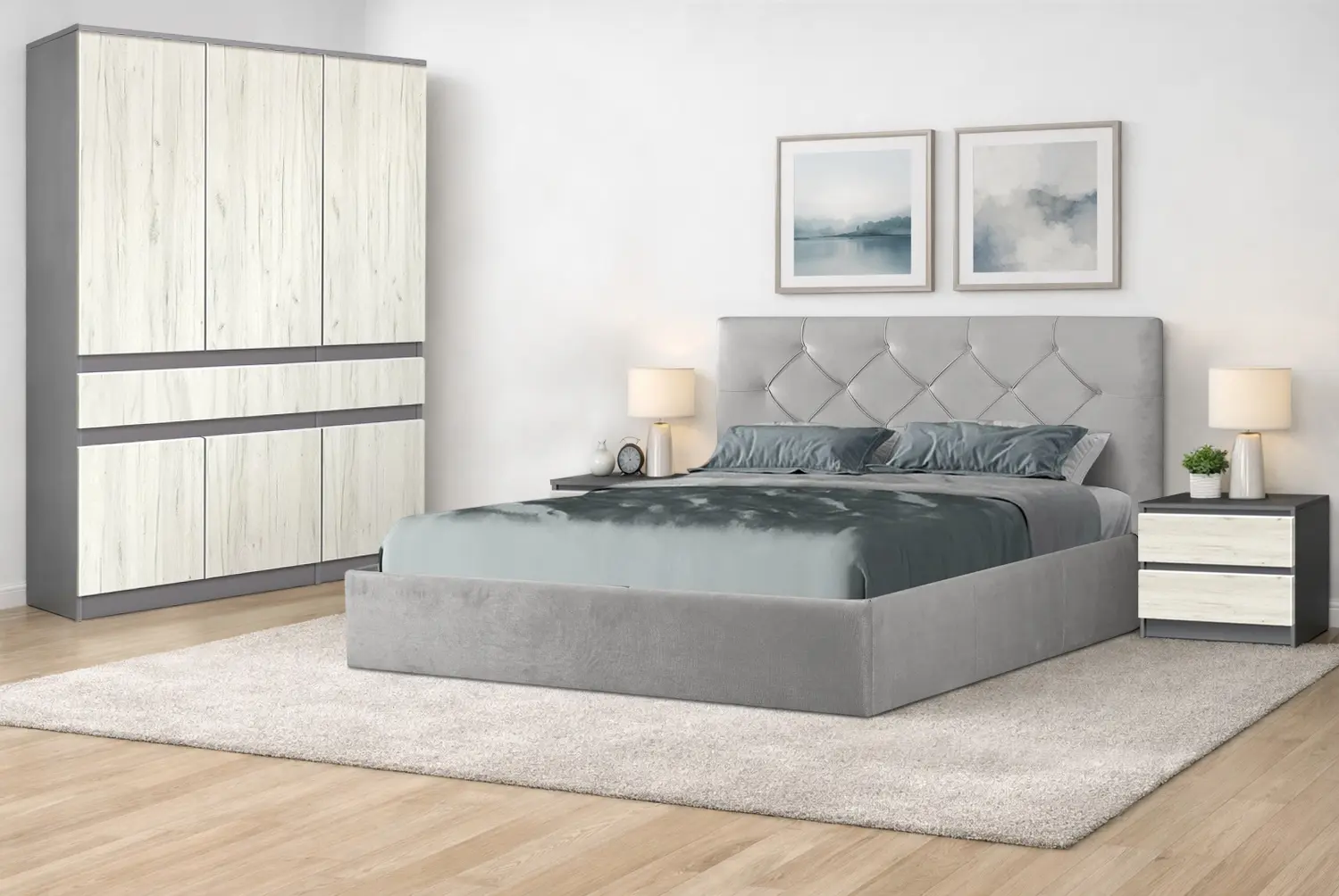 Dormitor Modern Aura Alaska 08 baza lamele 160x200 Gray + Komfi 120cm Slate Gray/Craft Oak White + Komfi 48cm 2 pcs Slate Gray/Craft Oak White
