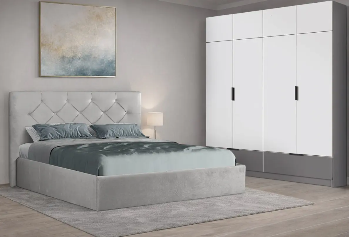 Dormitor Modern Aura Alaska 08 baza lamele 160x200 Gray + Komfort 180cm Slate Gray/White