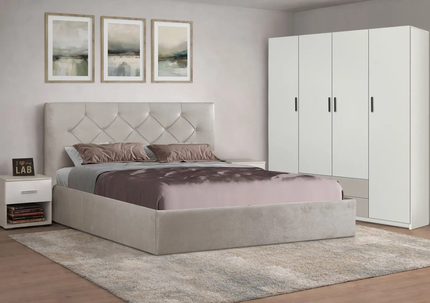 Спальня Modern Aura Kanna 92 ламельное основание 160x200 Light Gray + Andi 160cm White/Cashmere + Francesca 45cm 2 pcs Cashmere/White
