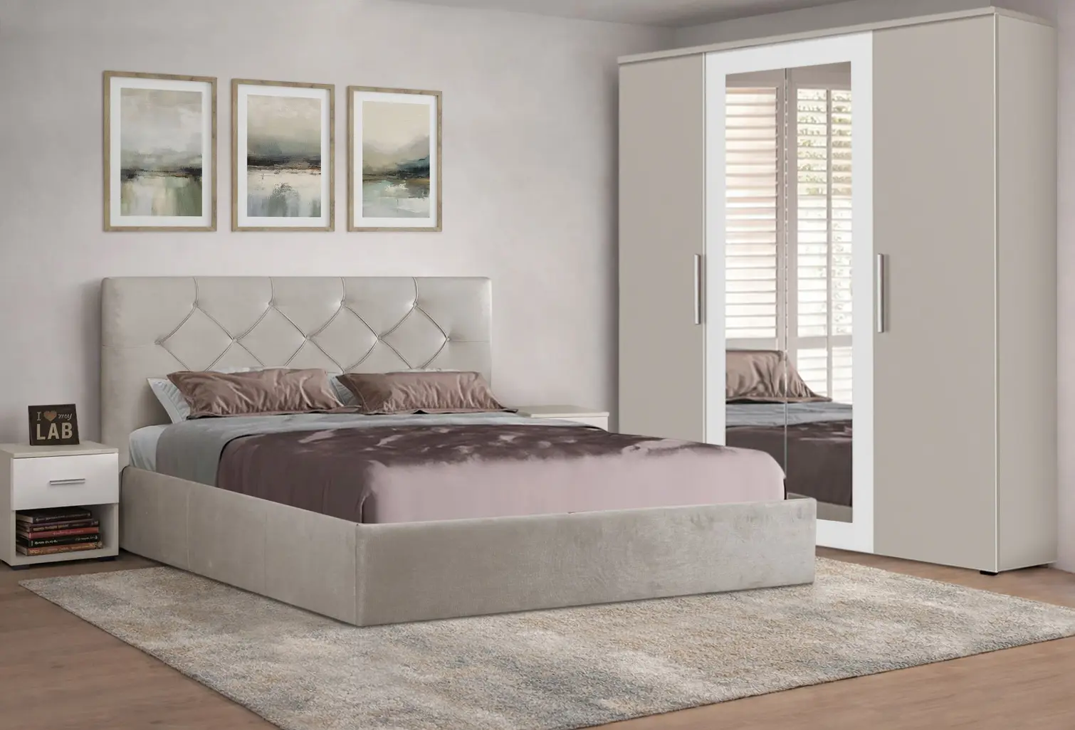 Спальня Modern Aura Kanna 92 ламельное основание 160x200 Light Gray + Francesca 180cm Cashmere/White + Francesca 45cm 2 pcs Cashmere/White