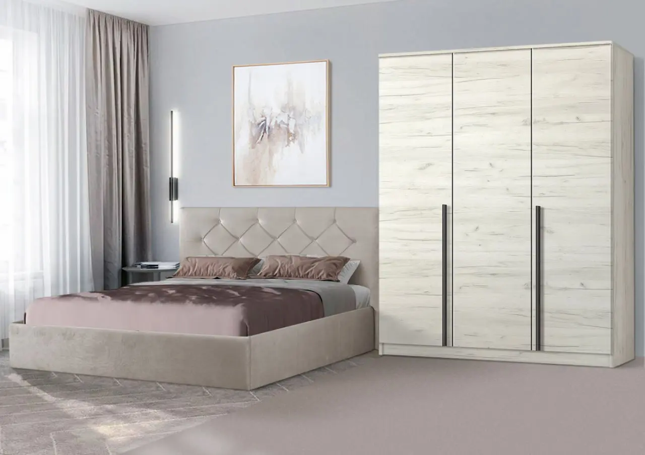 Dormitor Modern Aura Kanna 92 baza lamele 160x200 Light Gray + Kenon 150cm Craft Oak White