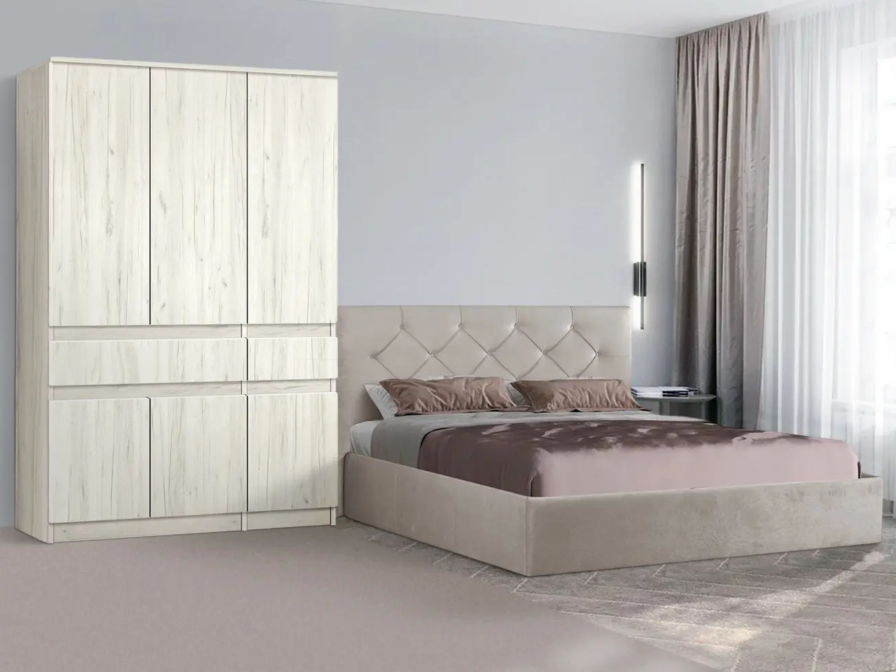 Dormitor Modern Aura Kanna 92 baza lamele 160x200 Light Gray + Komfi 120cm Craft Oak White