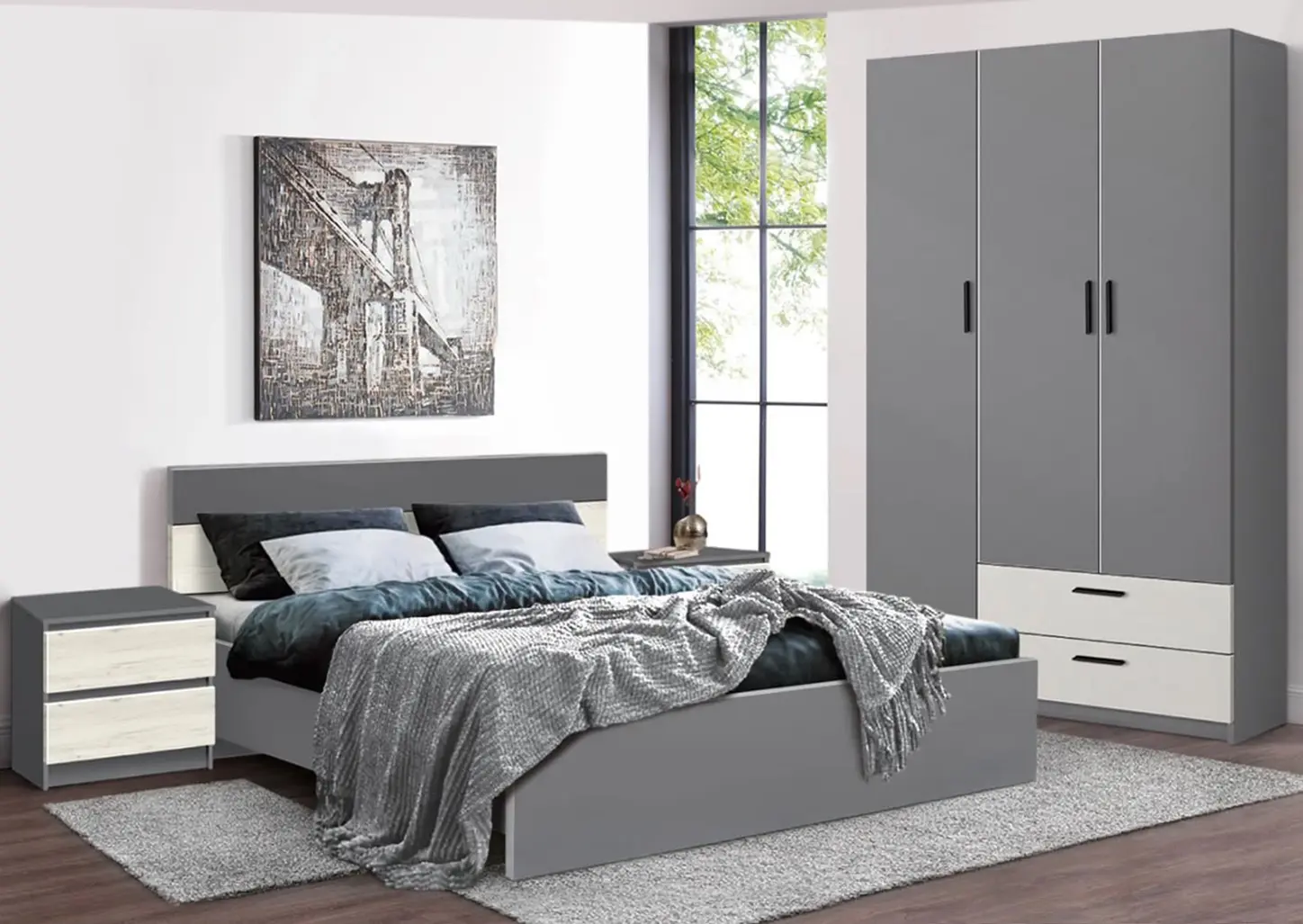 Спальня Modern Komfi 160x200 + Andi 120cm + Komfi 48cm 2 pcs (Slate Gray/Craft Oak White/White)
