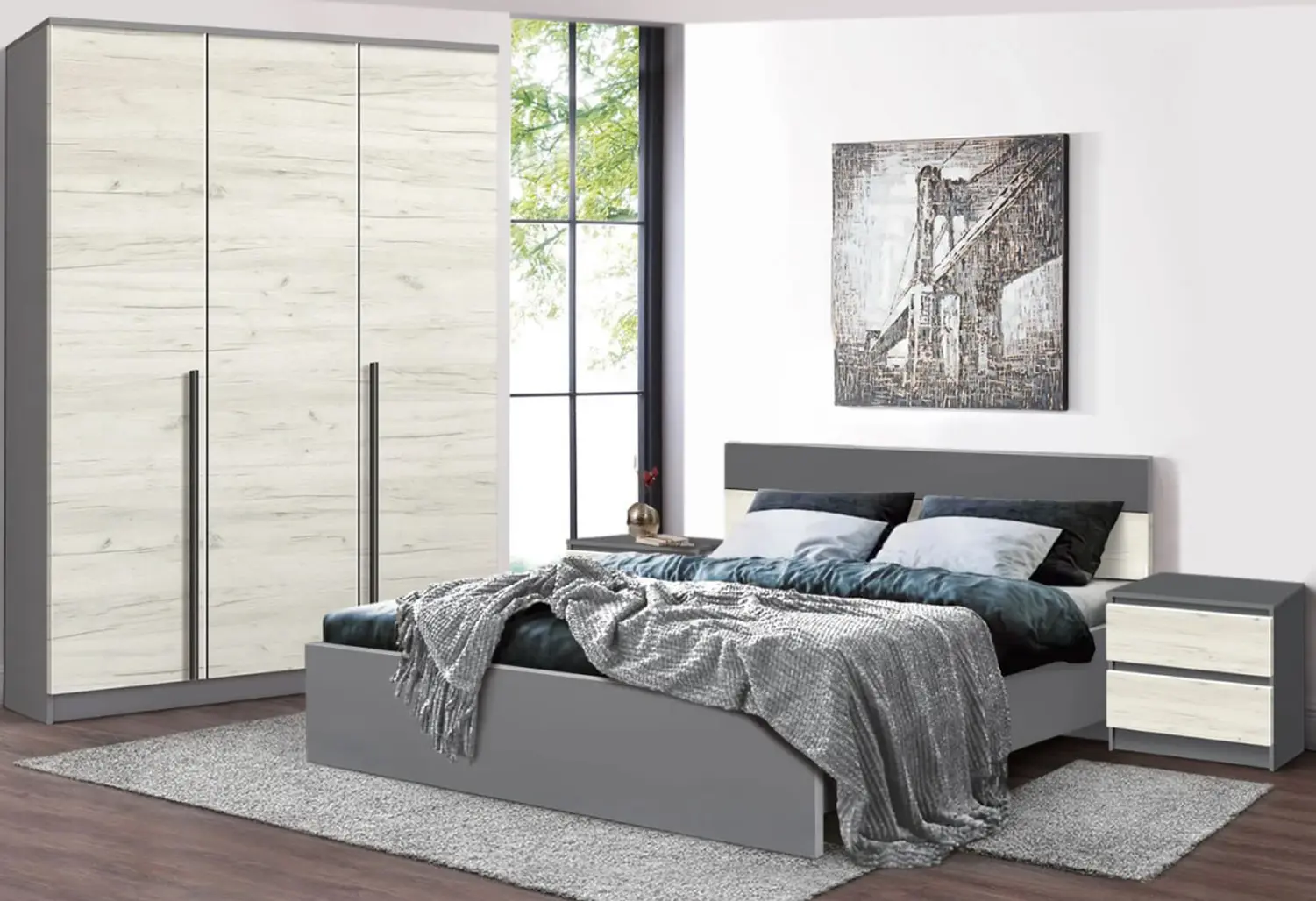Спальня Modern Komfi 160x200 + Kenon 150cm + Komfi 48cm 2 pcs (Slate Gray/Craft Oak White)