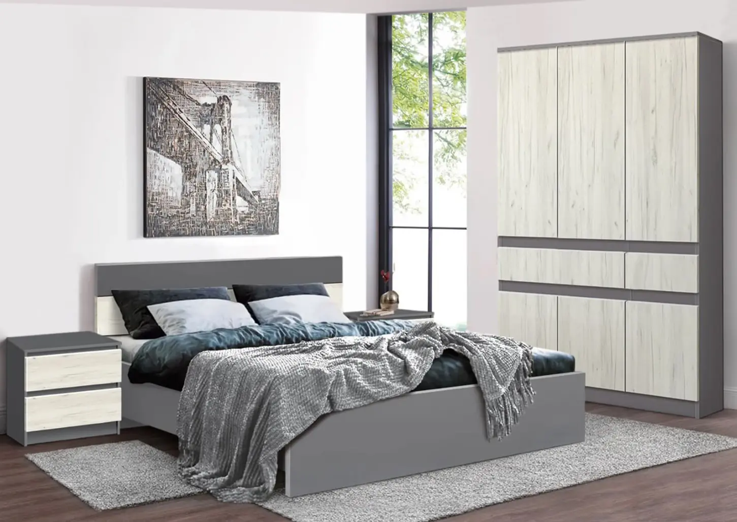 Спальня Modern Komfi 160x200 + Komfi 120cm + Komfi 48cm 2 pcs (Slate Gray/Craft Oak White)