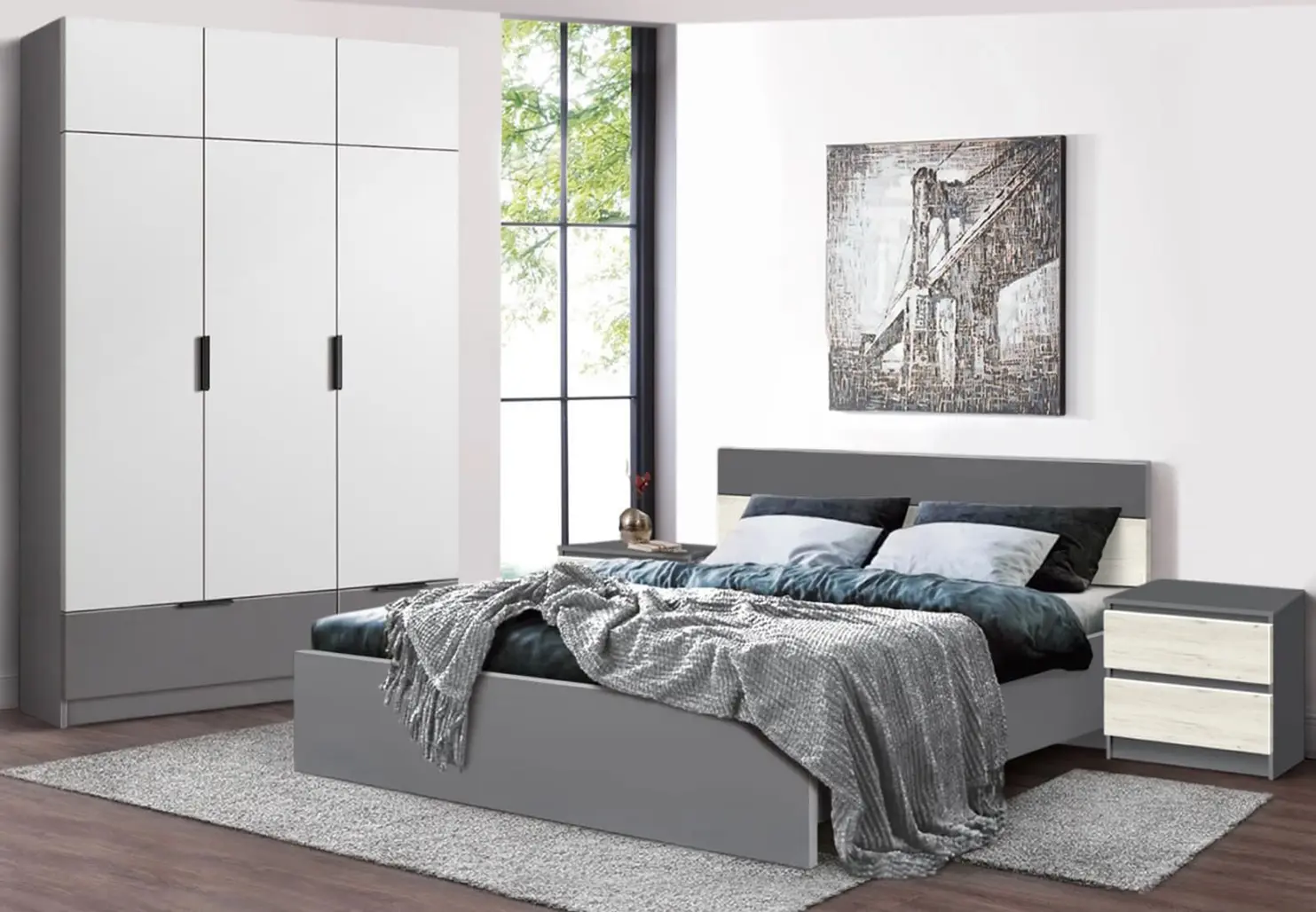Спальня Modern Komfi 160x200 + Komfort 135cm + Komfi 48cm 2 pcs (Slate Gray/Craft Oak White/White)