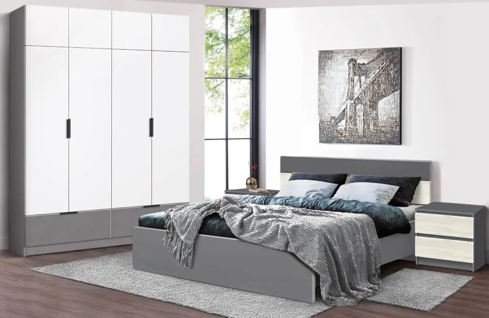 Спальня Modern Komfi 160x200 + Komfort 180cm + Komfi 48cm 2 pcs (Slate Gray/Craft Oak White/White)