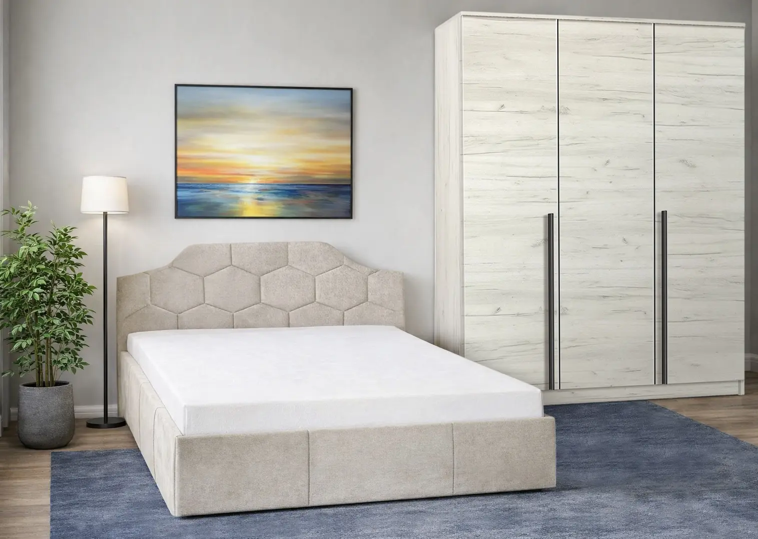 Спальня Modern Monica Alaska 01 подъемный механизм 160x200 Beige + Kenon 150cm Craft Oak White