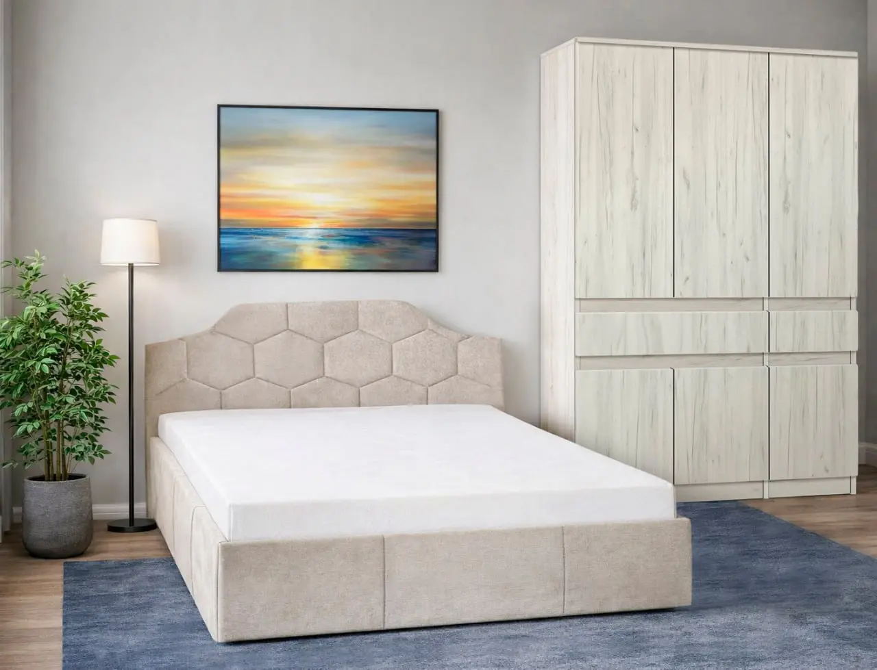 Спальня Modern Monica Alaska 01 подъемный механизм 160x200 Beige + Komfi 120cm Craft Oak White
