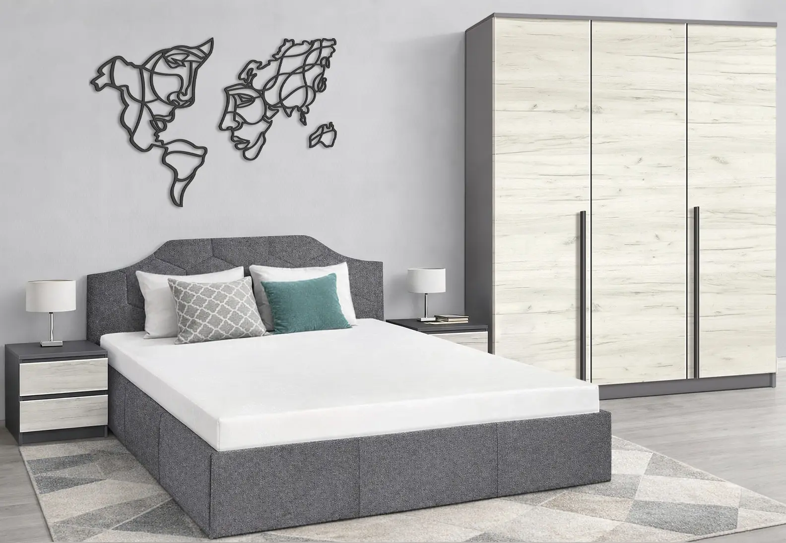 Dormitor Modern Monica Alaska 10 Total Eclipse mecanism de ridicare 160x200 Dark Grey + Kenon 150cm Slate Gray/Craft Oak White + Komfi 48cm 2 pcs Slate Gray/Craft Oak White