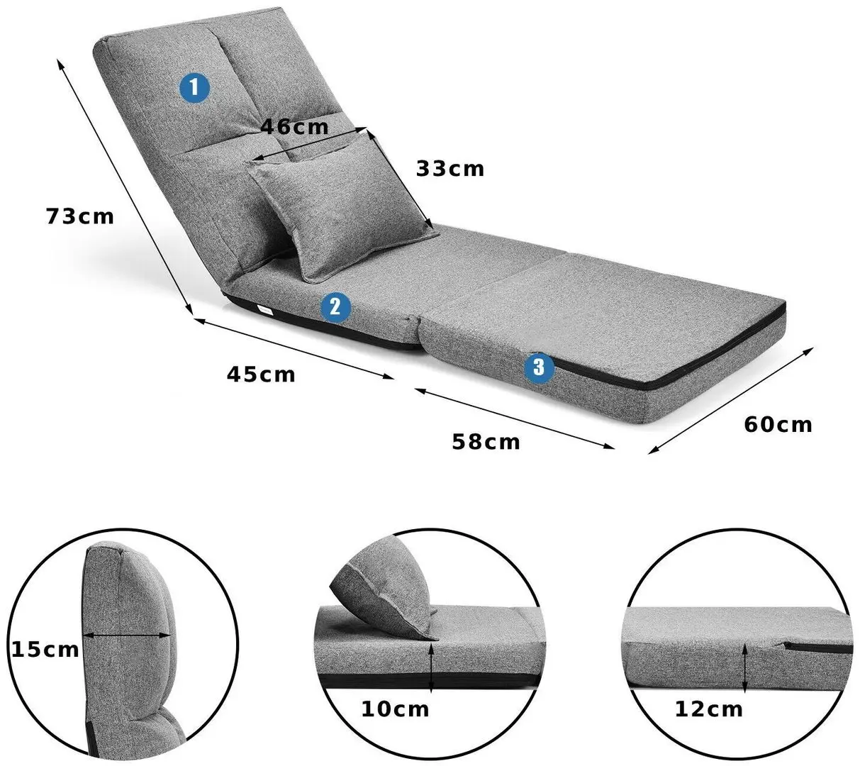 Мягкий шезлонг Costway HW66919GR (Grey) - 6