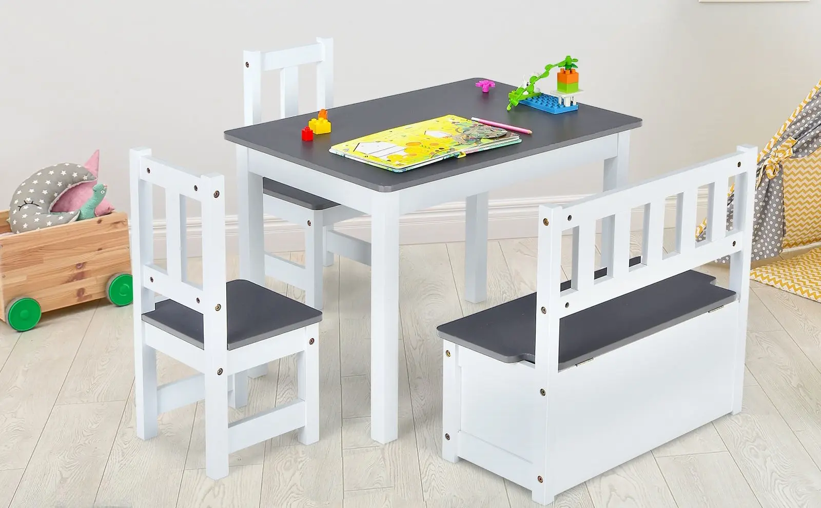 Set masa + 2 scaune + 1 banca Costway HY10266GR (Grey/White)