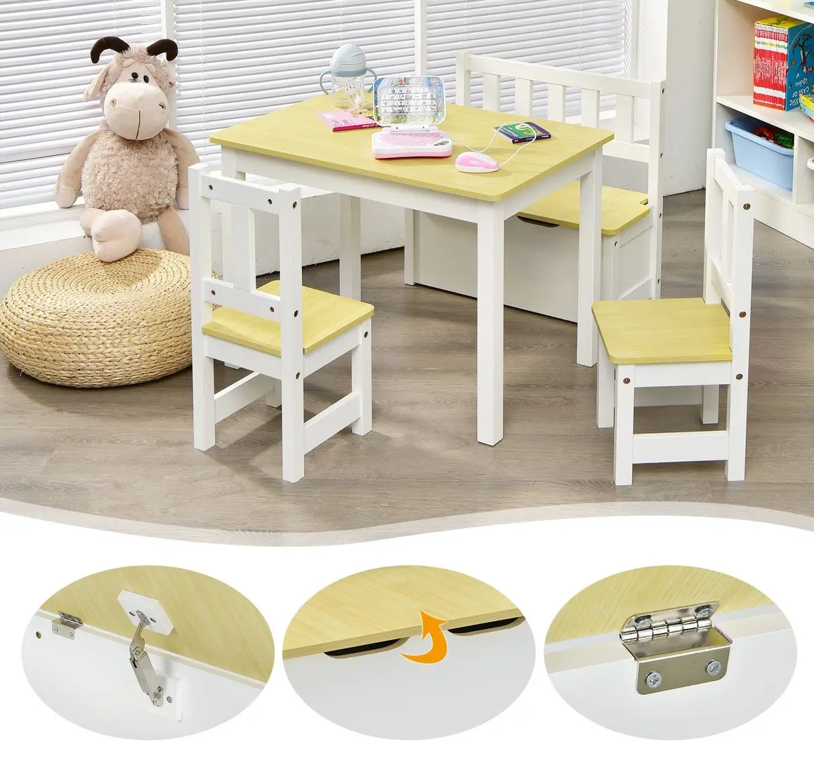 Set masa + 2 scaune + 1 banca Costway HY10266NA (Natural/White)