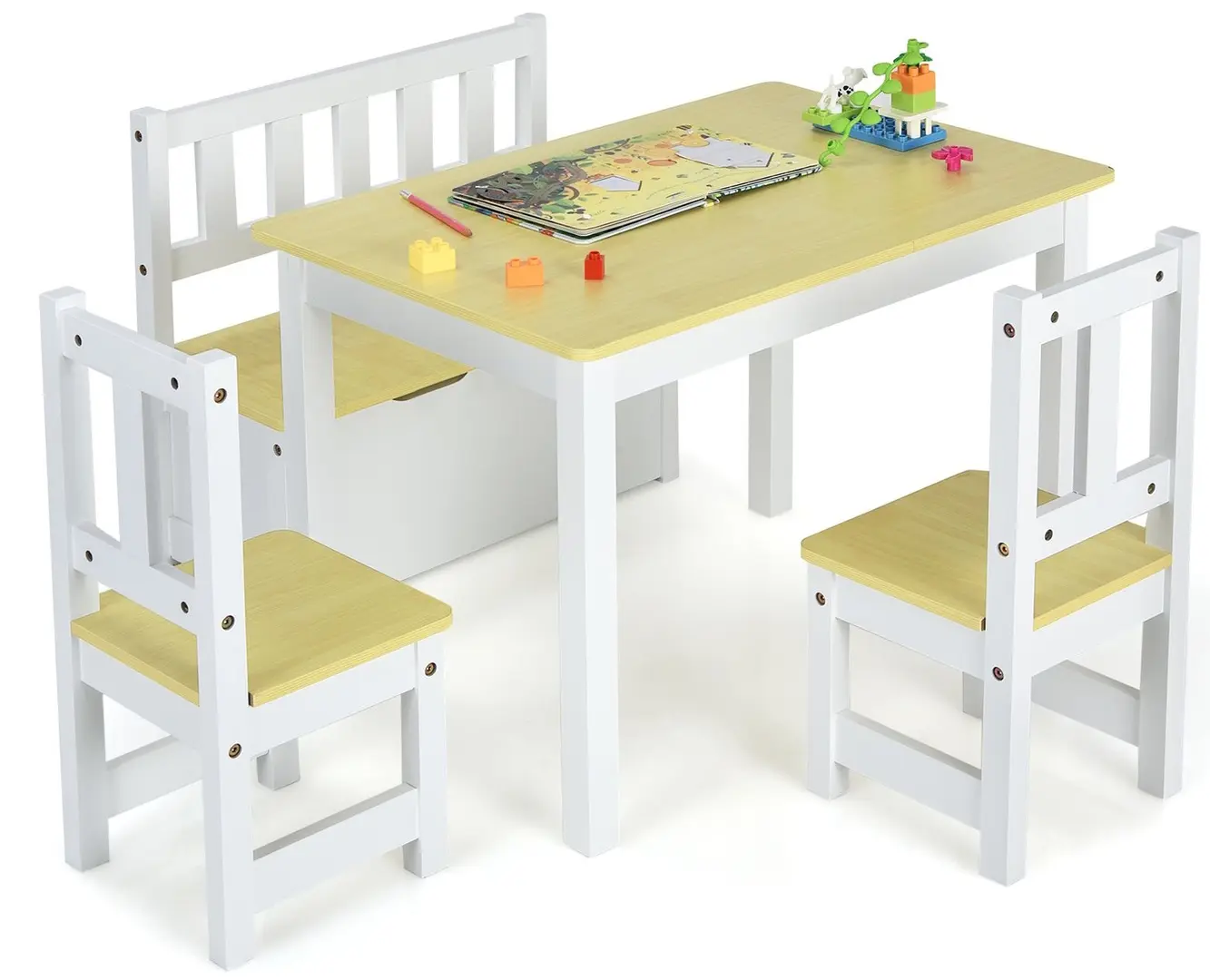 Set masa + 2 scaune + 1 banca Costway HY10266NA (Natural/White)