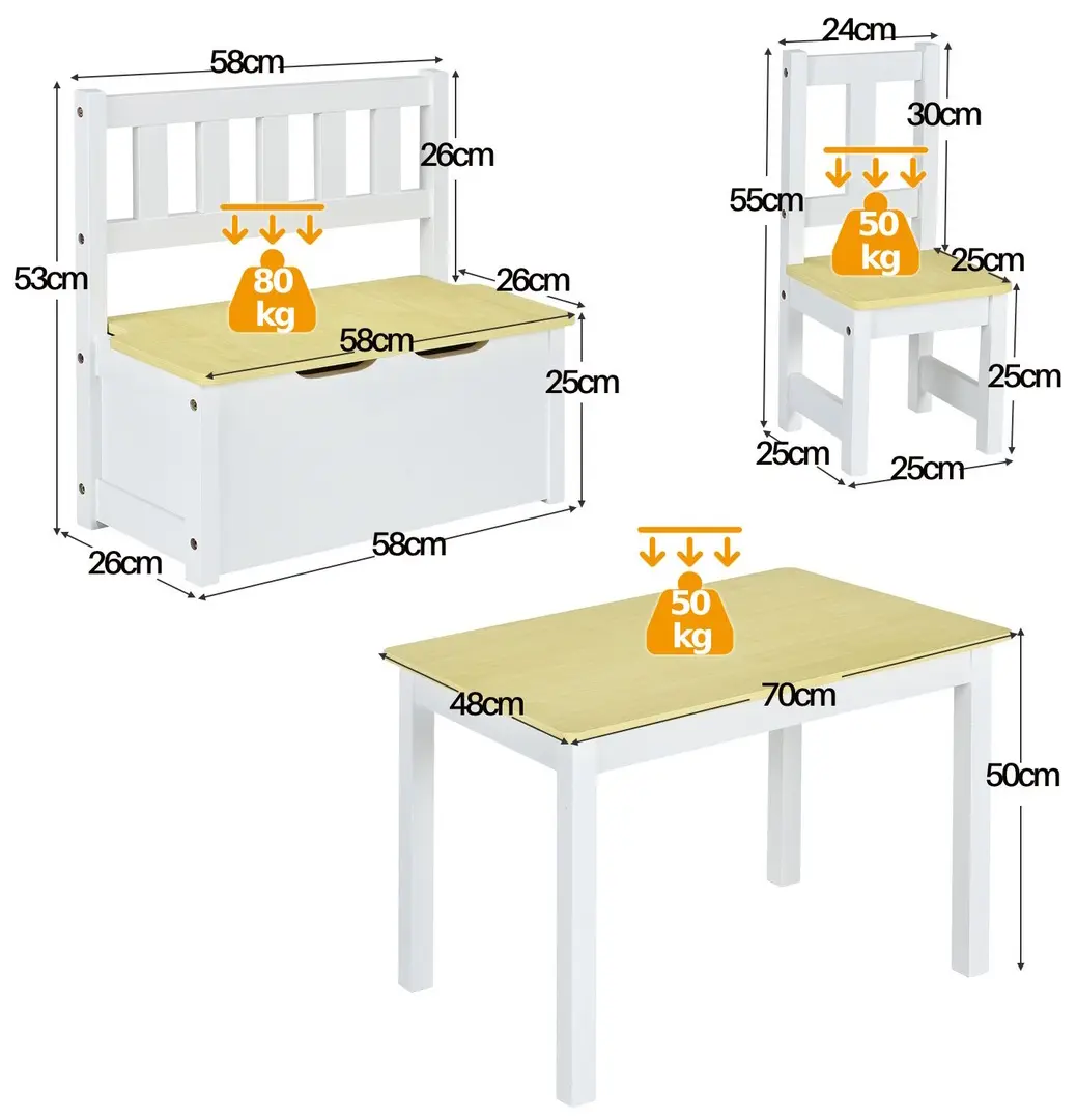 Set masa + 2 scaune + 1 banca Costway HY10266NA (Natural/White)