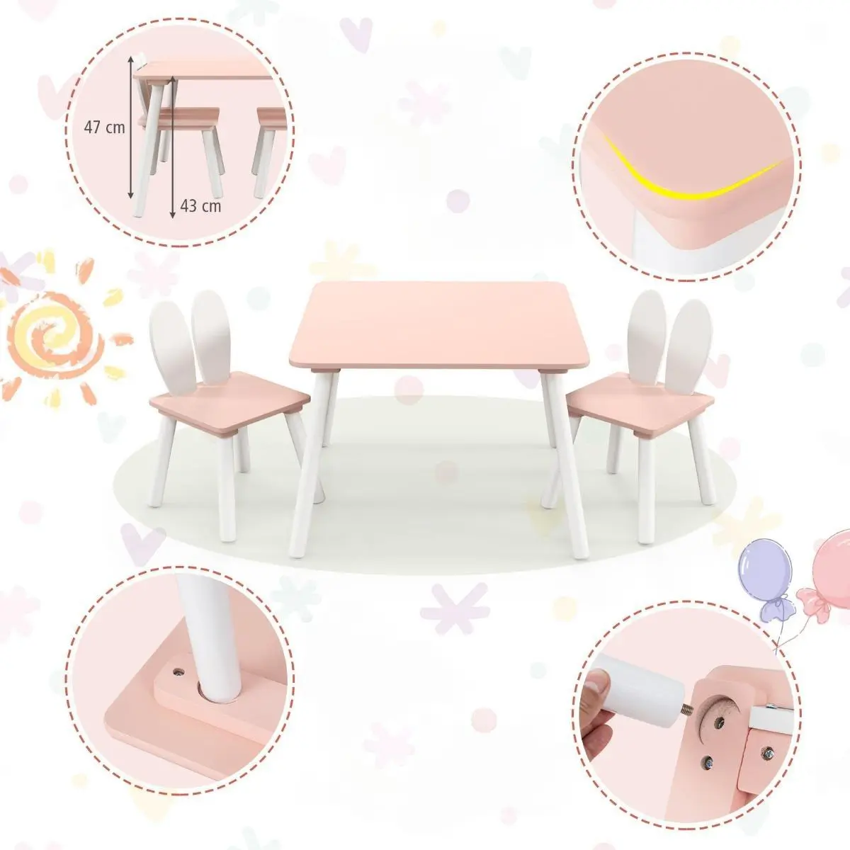 Set masa + 2 scaune Costway HY10103PI (Powdery Pink/White)