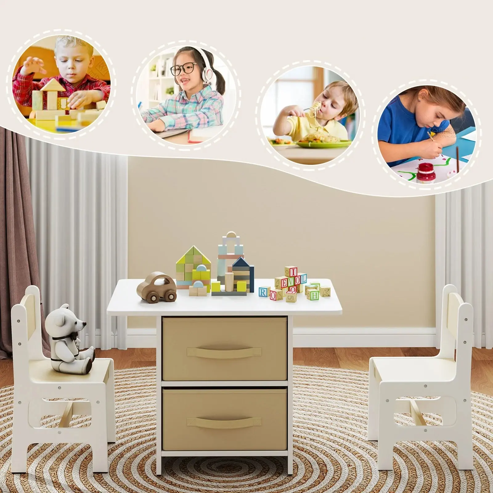 Set masa+2 scaune Costway HY10341BE (Beige/White)