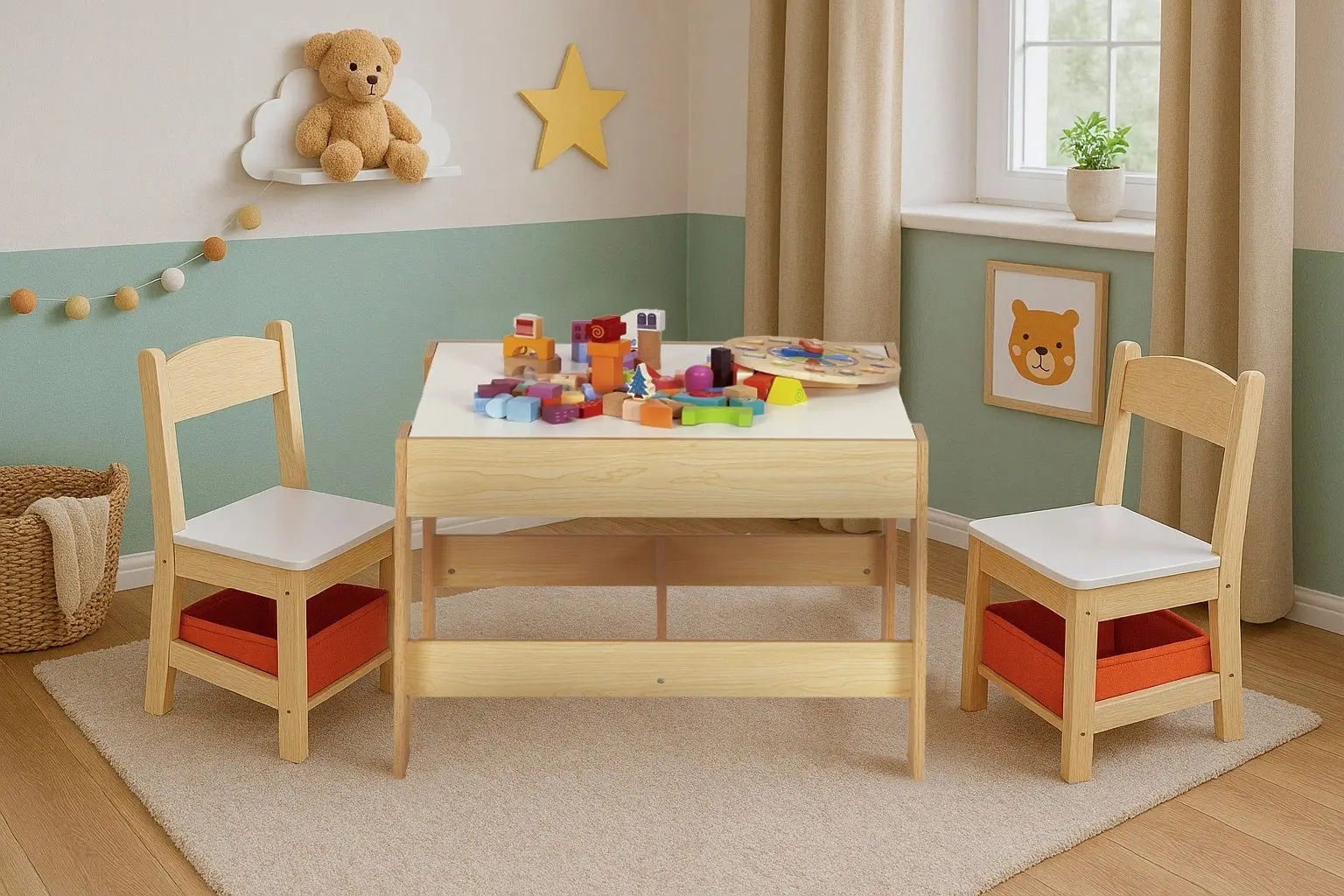 Set masa + 2 scaune Ecotoys ZKC-1C (Natural/White)