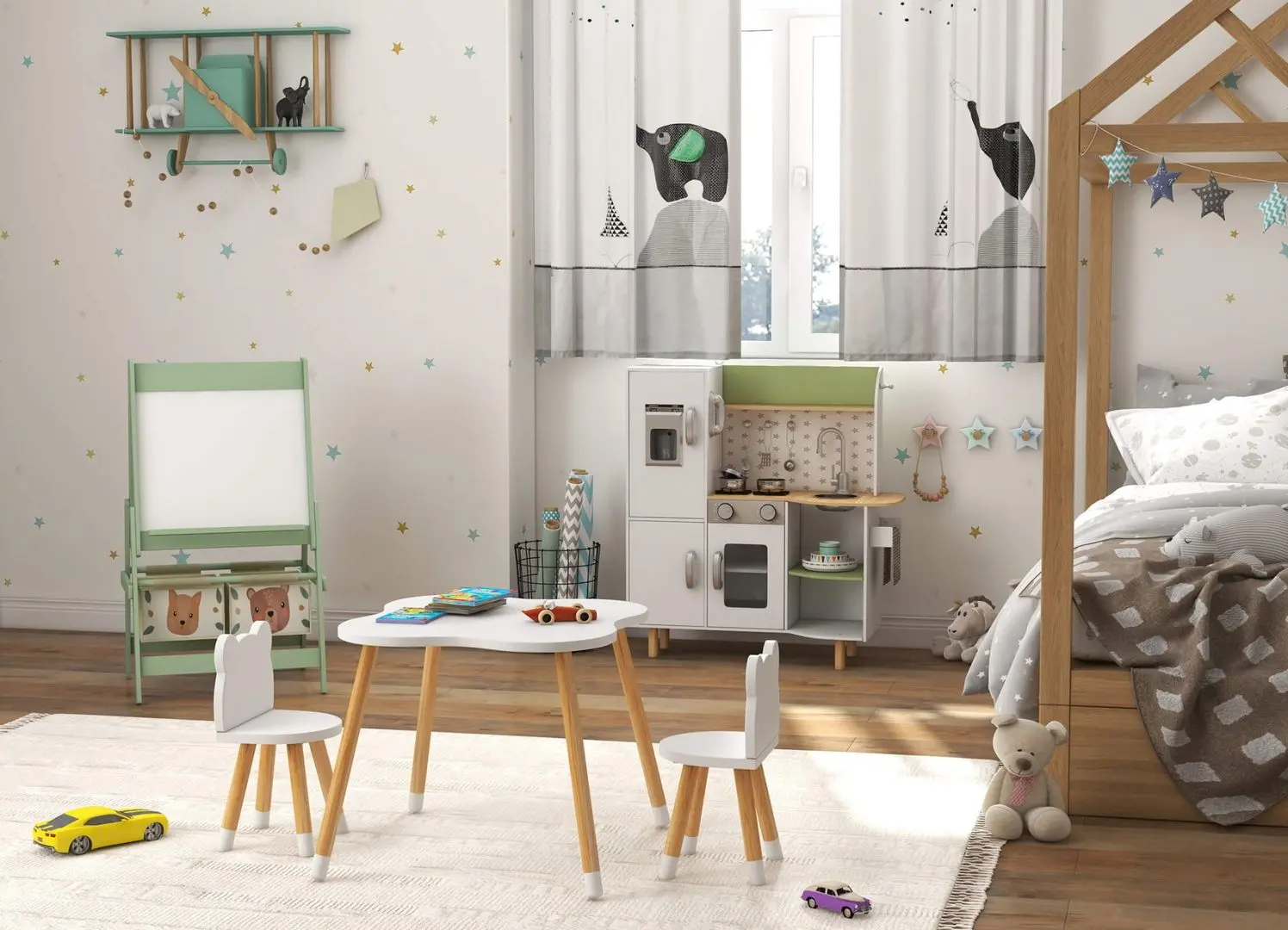 Set masa + 2 scaune Homcom 312-043 56x56x50 cm (White/Pine)