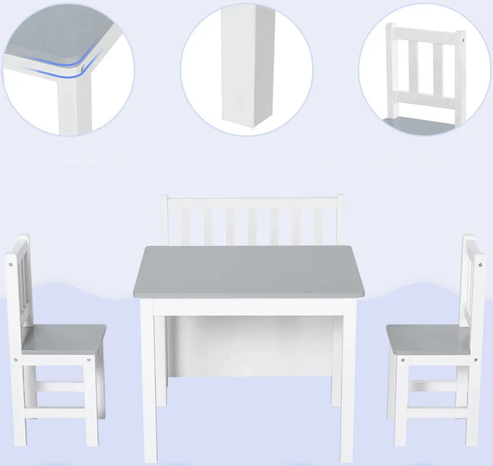Set masa + 2 scaune + banca Homcom 312-001GY (Grey/White) - 3