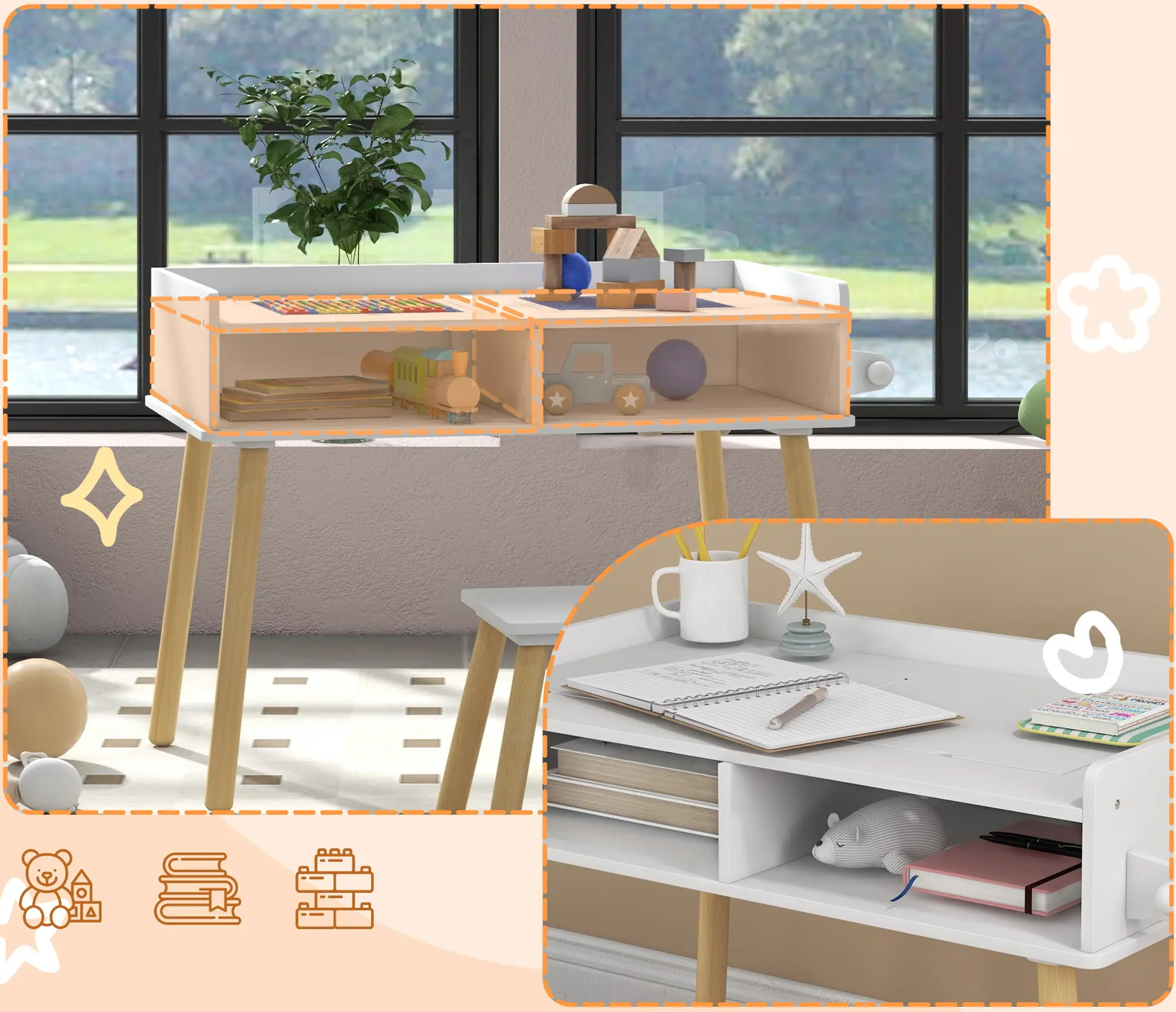 Set masa + scaun Homcom 312-110V80WT (White/Grey/Natural Wood) - 6