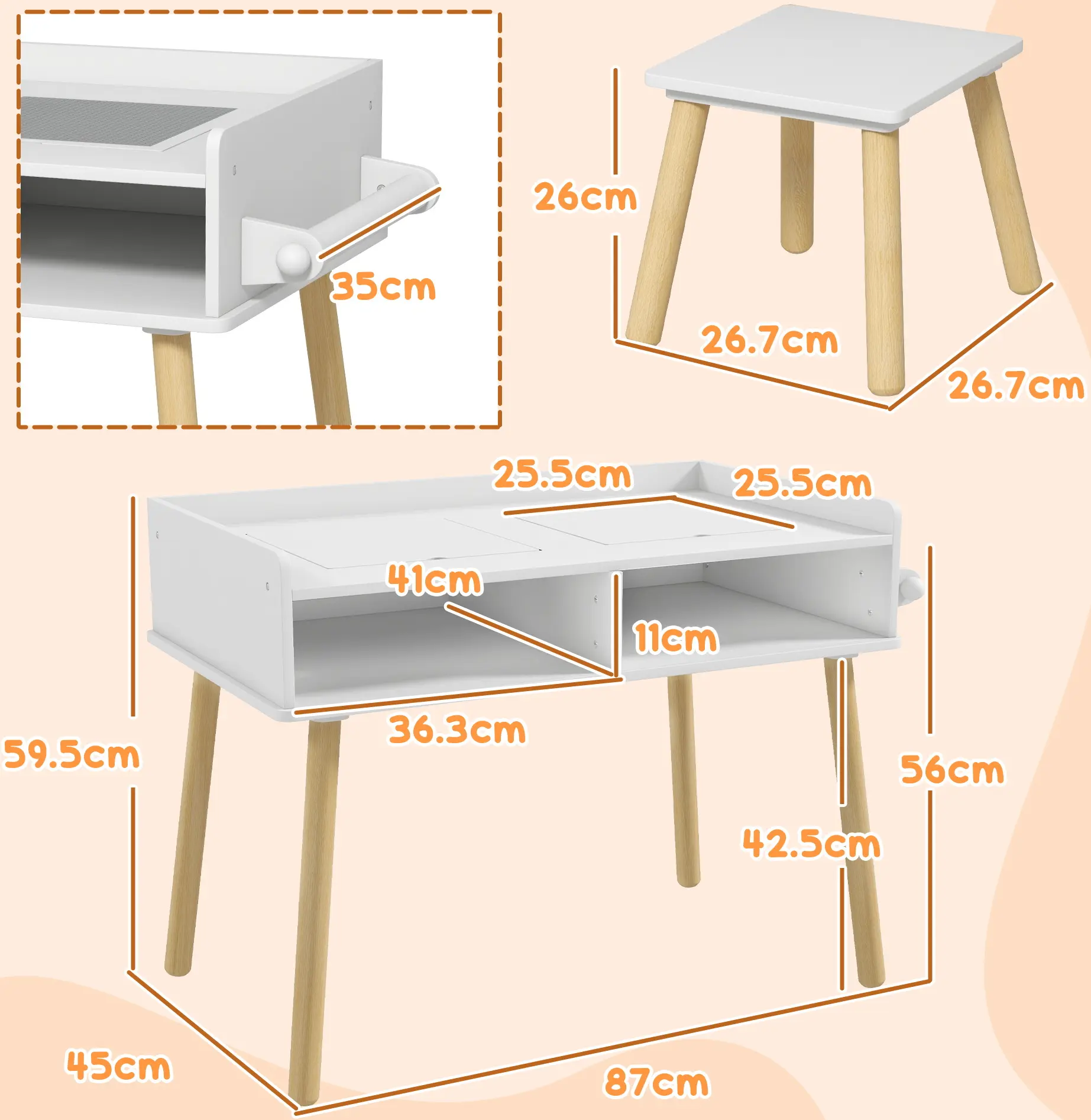 Set masa + scaun Homcom 312-110V80WT (White/Grey/Natural Wood) - 10