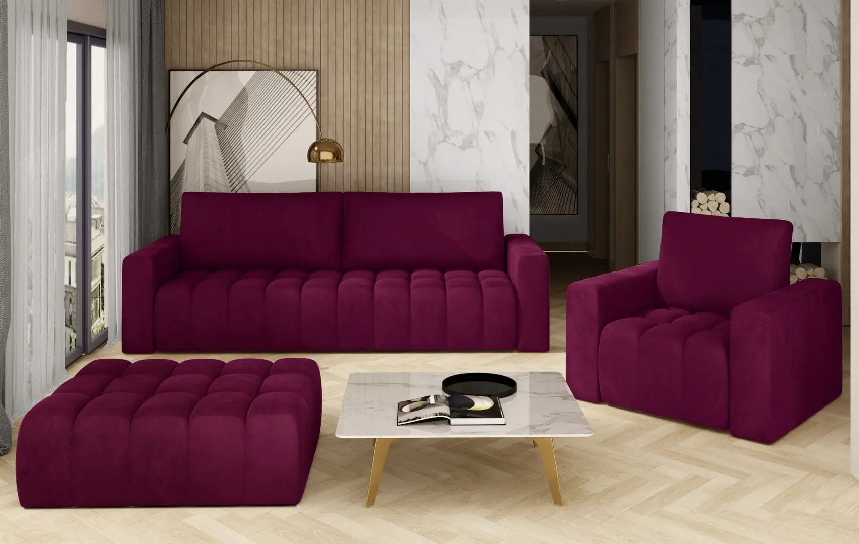 Set de mobila moale Eltap Lazaro 3+1+Pouf Matt Velvet 68 (Burgundy)