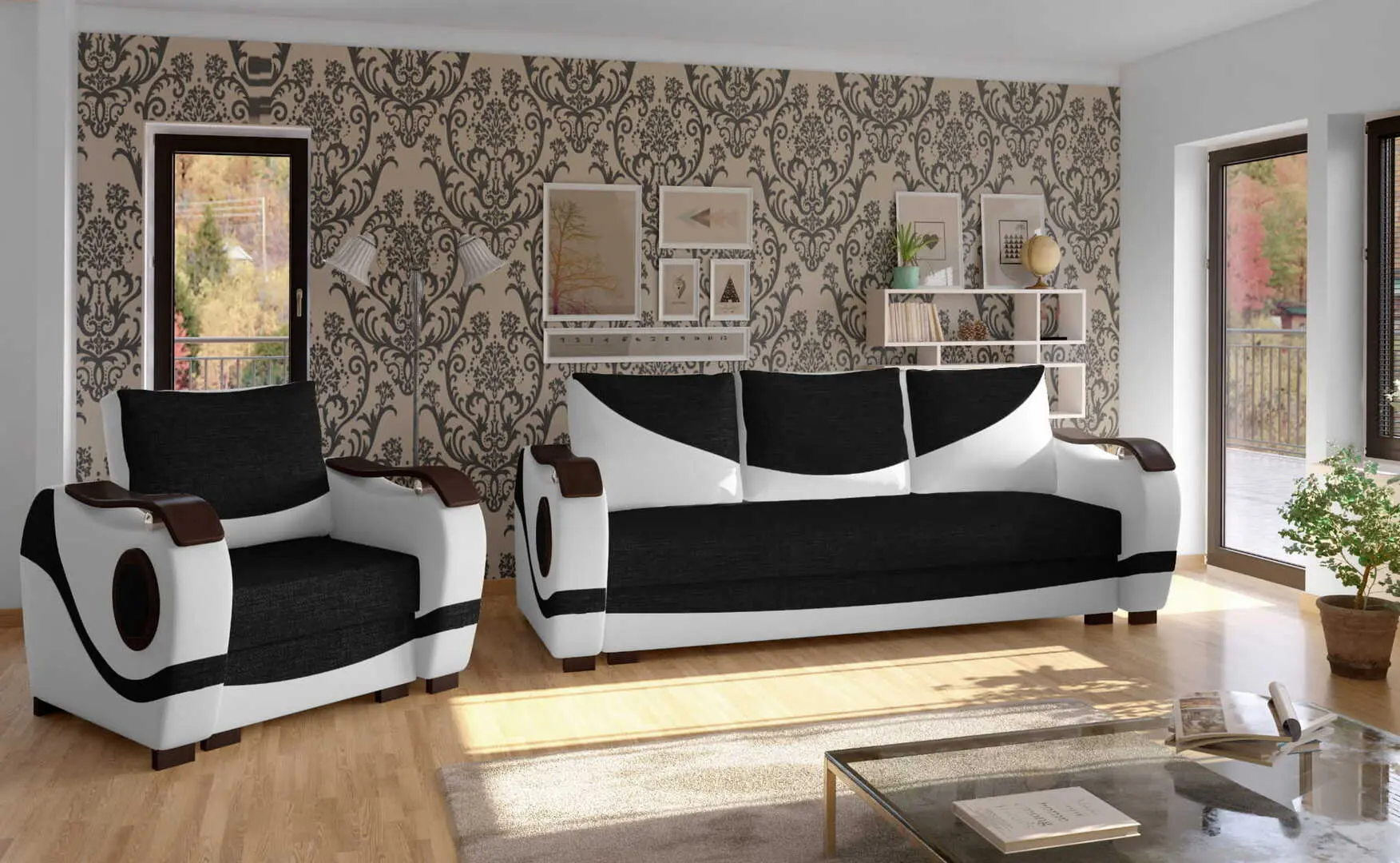 Set de mobila moale Eltap Puerto 3+1 Sawana 14/Soft 17 (Black/White) - 2