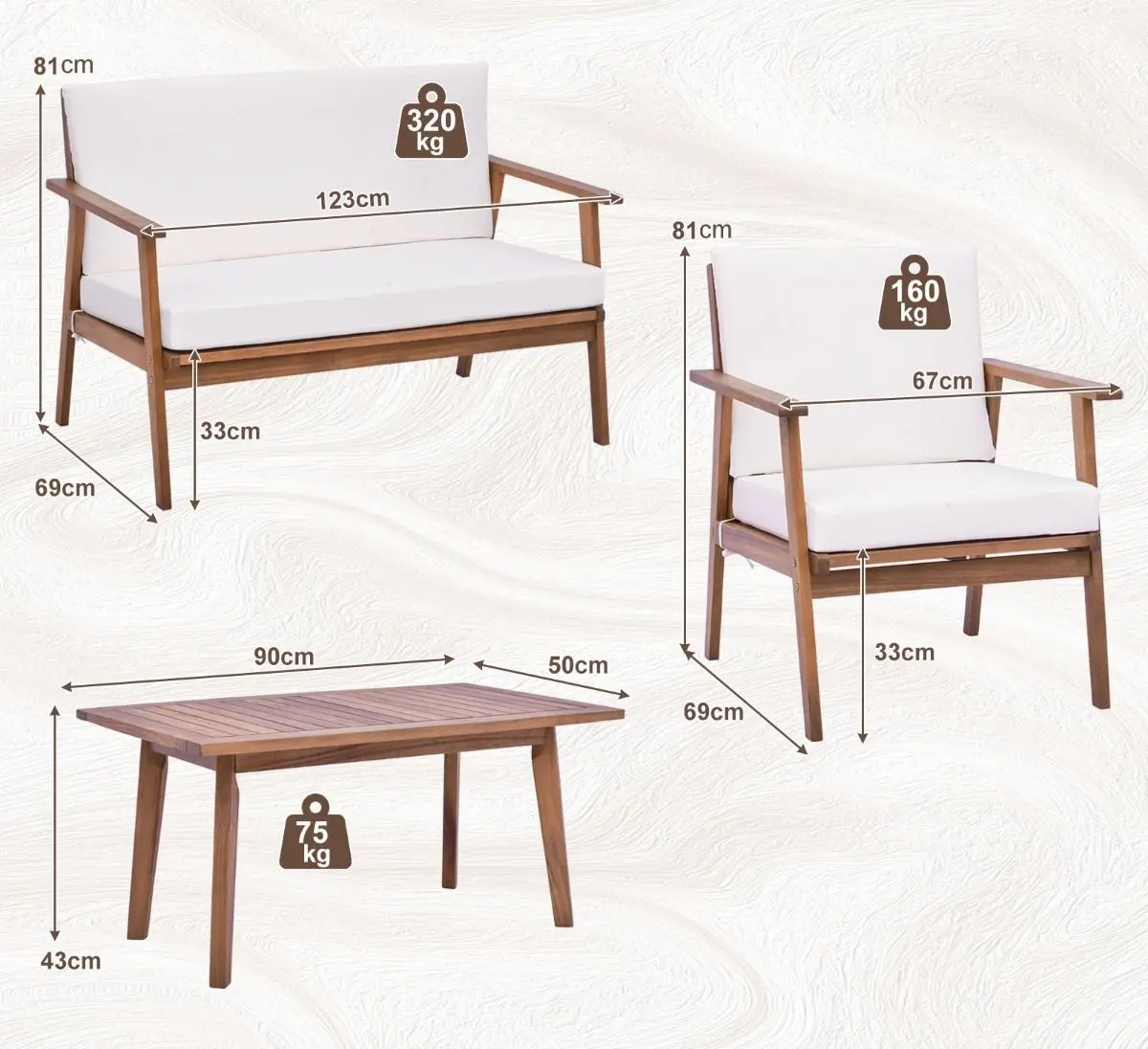 Комплект садовой мебели Costway HW71513WH (White/Natural) - 3