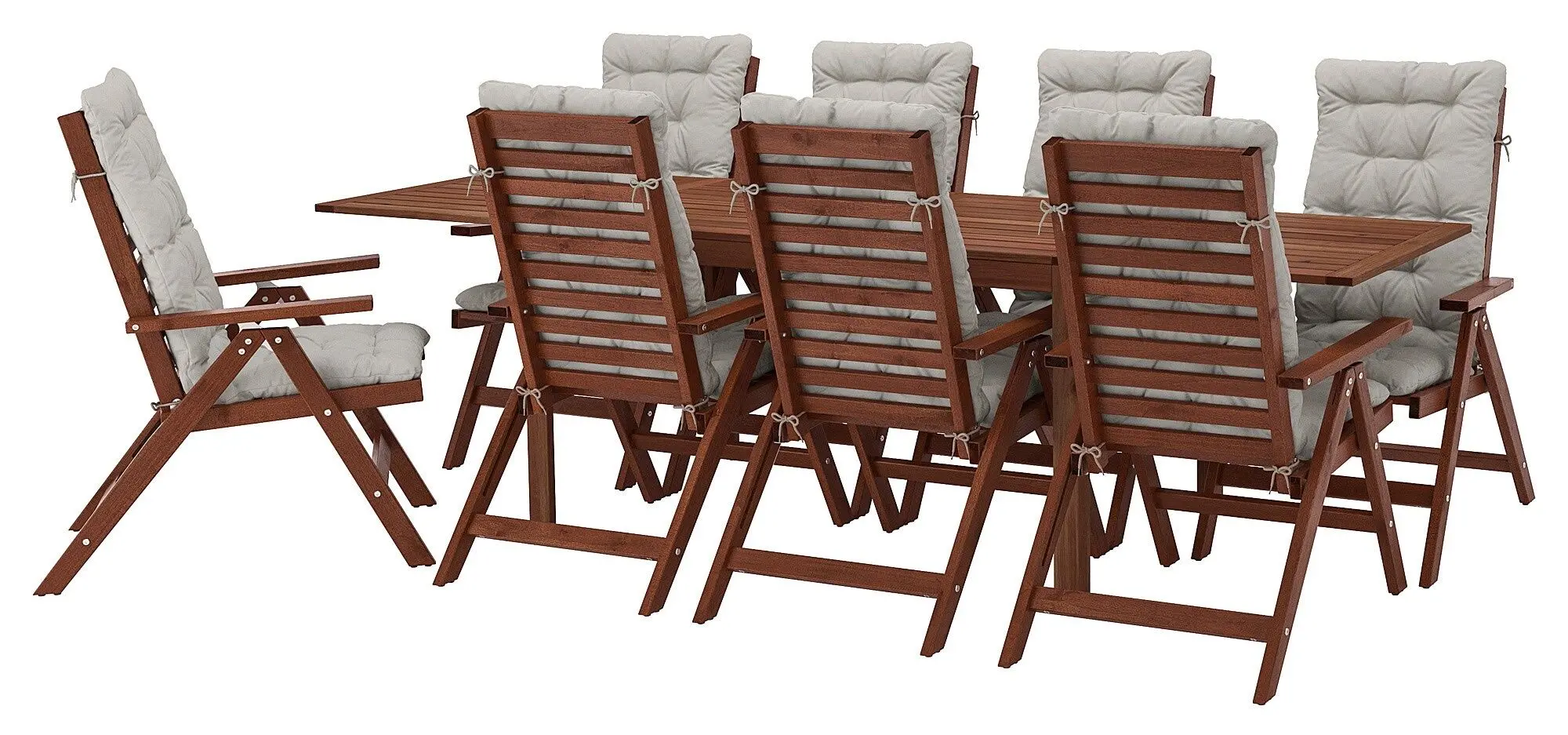 Set mobilier de gradina Ikea Applaro 8 scaune pliante/masa plianta (Vopsit Maro/Kuddarna Gri)