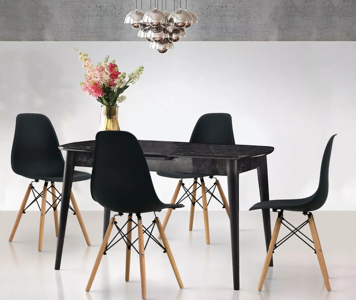 Обеденный набор Fabrik Home Necoline Retro RM-1194 Aspect Marmura Neagra/Negru + Sunrise C-01 Black/Beech (1+4)