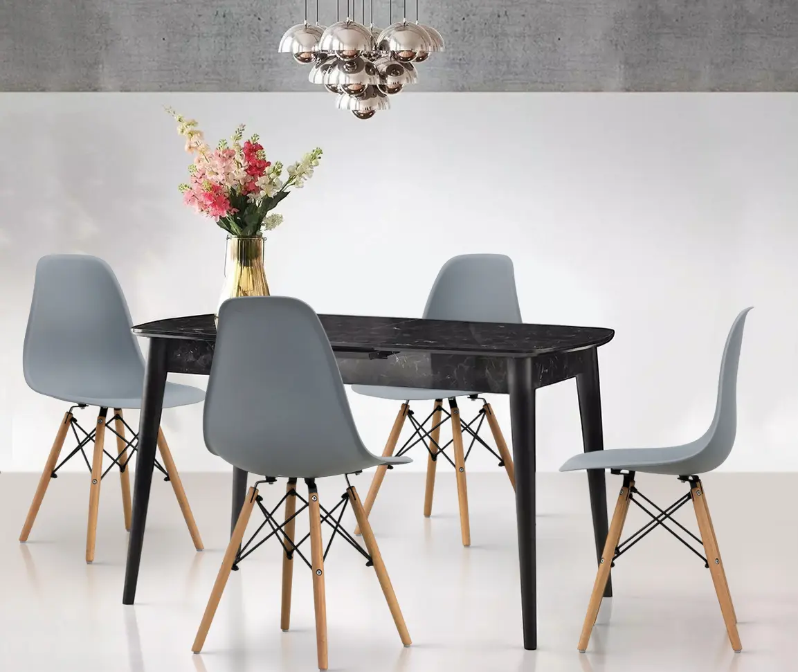 Set de sufragerie Fabrik Home Necoline Retro RM-1194 Aspect Marmura Neagra/Negru + Sunrise C-01 Gray/Beech (1+4)