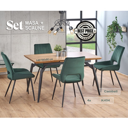 Обеденный набор Halmar Cambell 140/180x80cm Natural Oak/Black + K404 Green Dark (1+4)