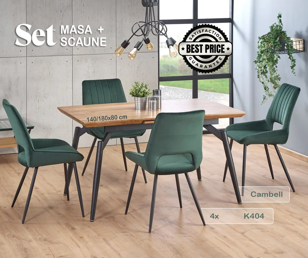 Обеденный набор Halmar Cambell 140/180x80cm Natural Oak/Black + K404 Green Dark (1+4)