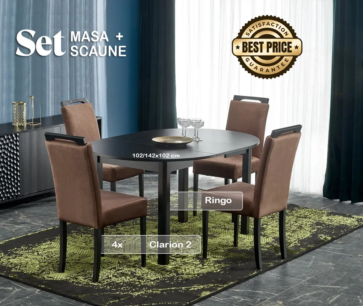 Обеденный набор Halmar Ringo 102/142x102cm Black + Clarion 2 Black/Beige (1+4)