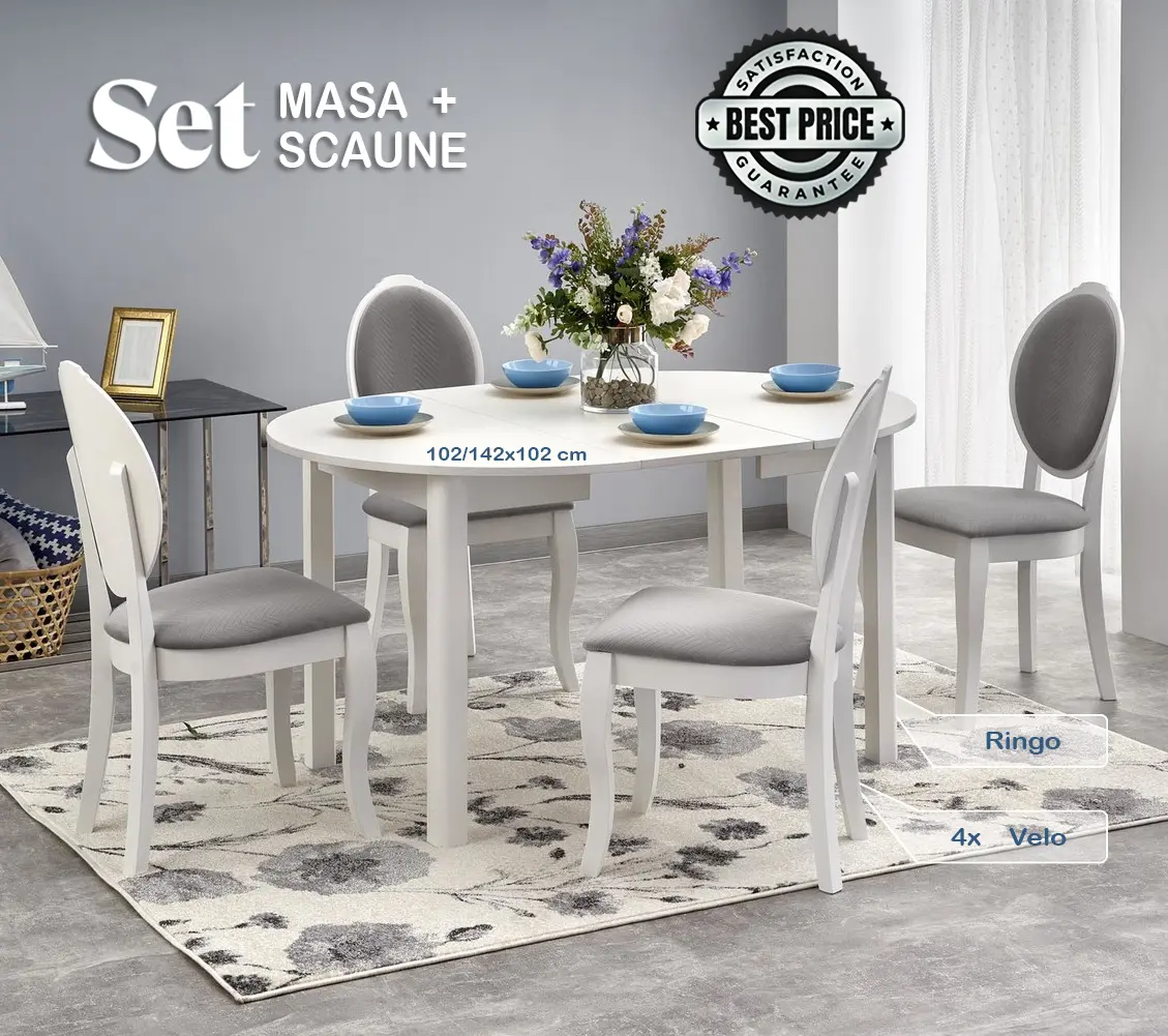 Set de sufragerie Halmar Ringo 102/142x102cm White + Velo White/Gray (1+4)