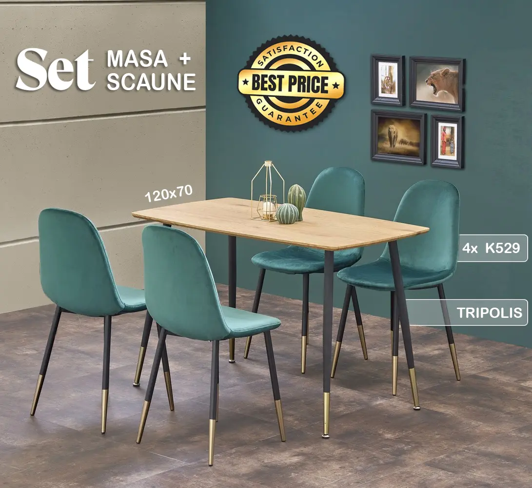 Обеденный набор Halmar Tripolis Golden Oak/Black + K379 Dark Green/Black/Gold (1+4)